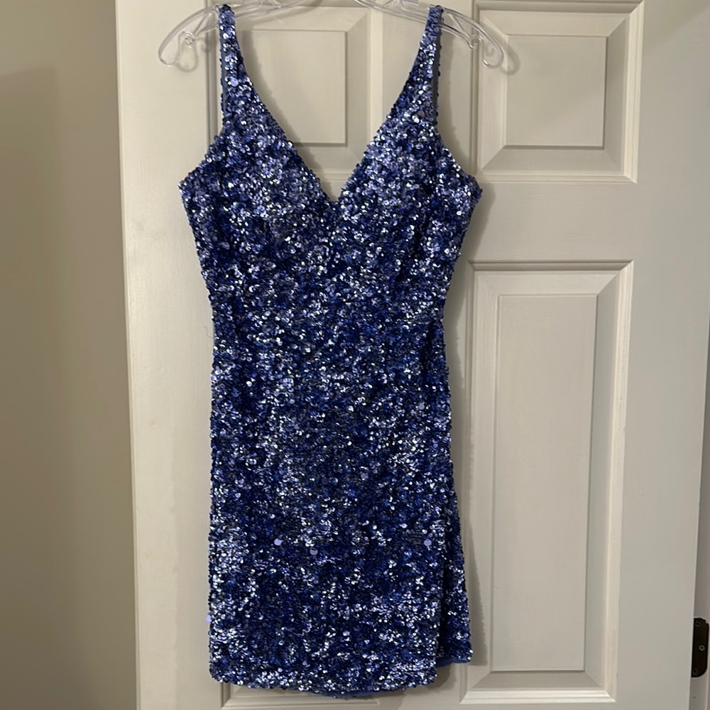 Sherri Hill purple Sequin V-Neck Dress with decorative back